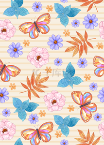 夏季水彩蝴蝶与花朵无缝隙背景