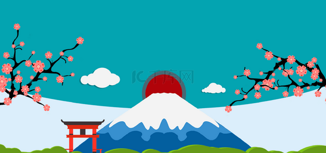 日式梅花富士山鸟居卡通背景