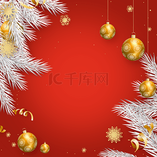 圣诞节背景图片_圣诞节金色彩球红色背景画