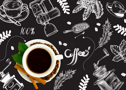 桌面背景咖啡背景图片_咖啡豆线稿精致咖啡