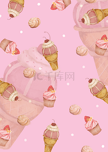 草莓水果背景背景图片_冰淇淋草莓水果奶油蛋糕饼干食物平铺背景