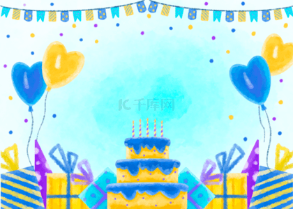 蓝色水彩背景图片_黄色蓝色水彩生日蛋糕背景