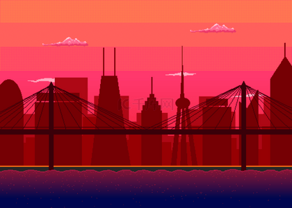 像素游戏背景图片_城市景观红色像素背景