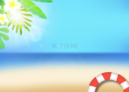 海边的泳圈和花朵夏季海滩促销背景