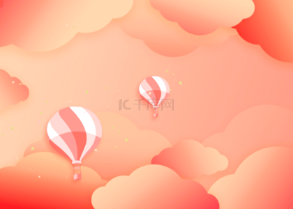 红色热气球背景图片_红色渐变热气球与剪纸云柔和背景