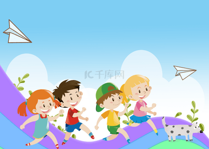 蓝天纸飞机卡通可爱国际儿童节日背景