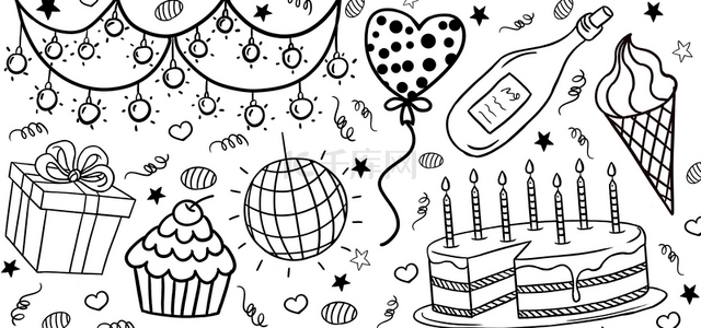 生日线稿背景图片_蛋糕彩灯和气球生日线稿平铺背景