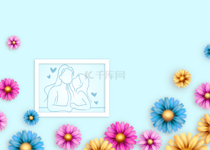 蓝色背景母亲节背景图片_母亲节白色相框花卉蓝色背景