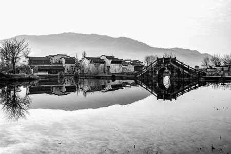 水墨元宵节海报摄影照片_水墨风景中午村庄水边流动摄影图配图