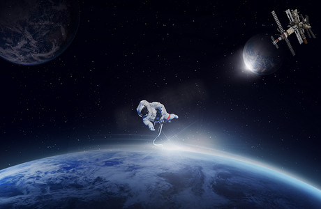 星球摄影照片_太空飞行器宇航员宇宙星球夜晚宇宙航天员宇宙太空遨游摄影图配图