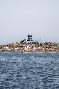 秋季泛黄的植物与清风湖湖水摄影图配图