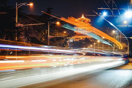 武汉城市建筑夜晚人文景观黄鹤楼光绘摄影图配图