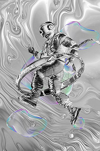 海报设计背景图片_酸性设计宇航员银色酸性太空