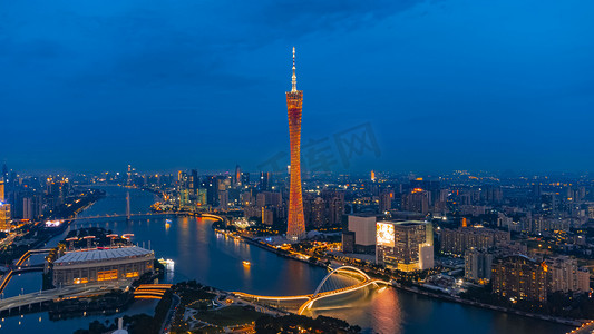 城市摄影照片_广州傍晚广州塔珠江航拍摄影图配图