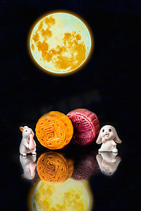 明月摄影照片_中秋节晚上月饼兔子户外中秋明月摄影图配图
