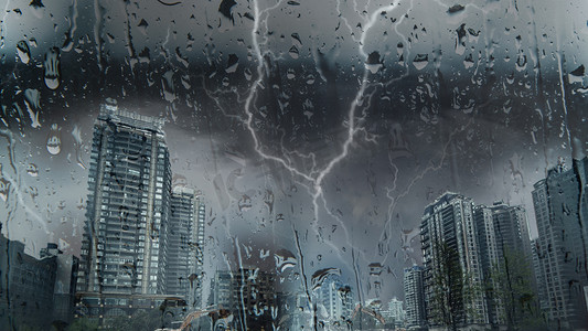 重阳黑色艺术字设计摄影照片_雨天极端雷暴天气白天雨天城市下暴雨下雨摄影图配图
