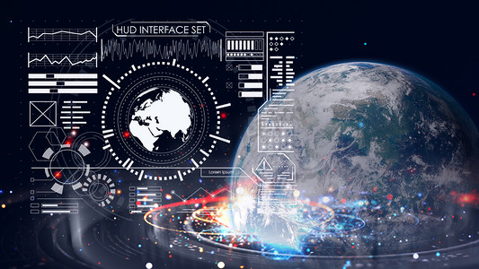 led电子大屏摄影照片_地球信息科技大屏夜晚地球科技研发摄影图配图