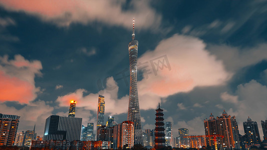 大气广州珠江新城CBD城市云层夜景
