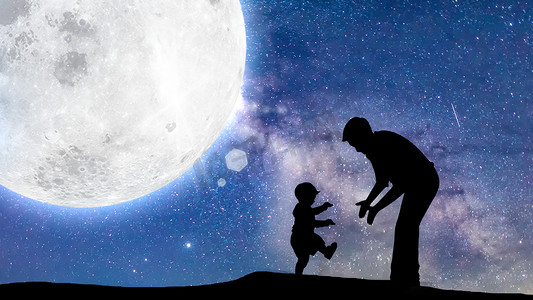 中秋星空月球光效浪漫夜晚月亮父子中秋节赏月摄影图配图