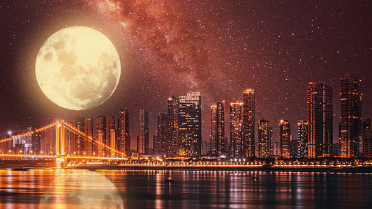 中秋城市满月夜晚月亮城市中秋节赏月摄影图配图