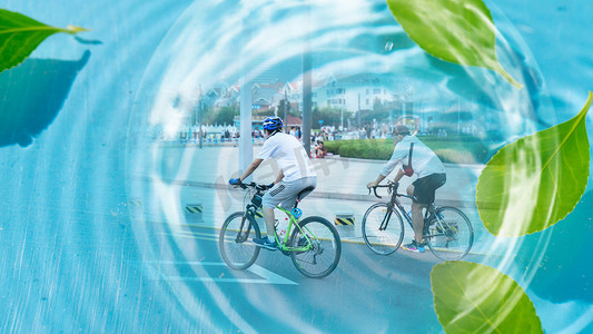低碳环保绿色出行清爽蓝白天骑自行车室外骑行摄影图配图