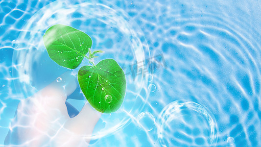 蓝色水面清新自然泡泡绿叶白天植物环保水里波动摄影图配图