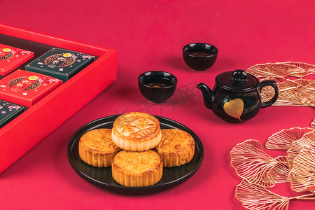 中秋节白天月饼室内礼盒背景摄影图配图