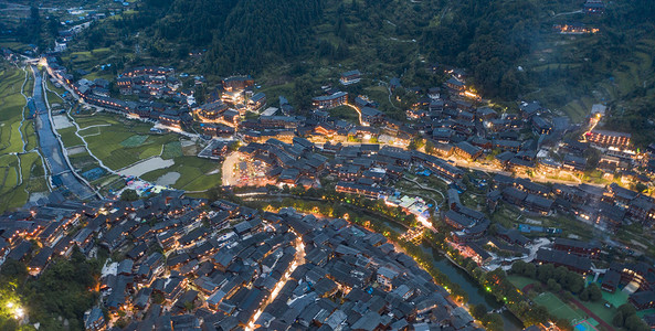 城市夜晚贵州西江千户苗寨夜景航拍山顶无人机摄影图配图