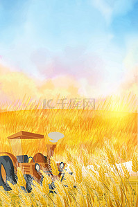 丰收农民背景图片_秋天丰收麦子金色简约收割