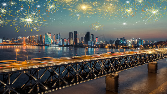 城市夜晚春节国庆烟花夜晚城市烟花烟花放烟花摄影图配图