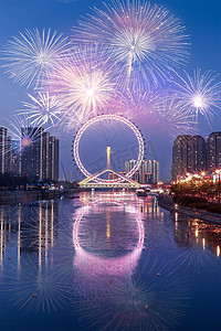 庆国庆摄影照片_新年春节天津夜景海河国庆烟花夜晚天津大桥烟花放烟花摄影图配图