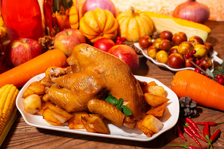 感恩节白天烤鸡室内食物摄影图配图