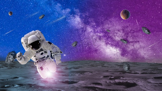 紫色宇宙摄影照片_月球表面宇航员陨石白天宇航员月球表面飞摄影图配图