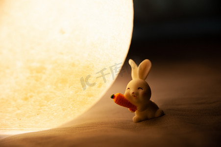 中秋节夜晚月亮和玉兔在月亮下开心的吃胡萝卜摄影图配图