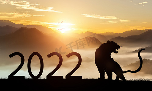 小年新年快乐摄影照片_2022虎年剪影夕阳山峰摄影图配图