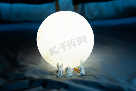 拟人玉兔摄影照片_中秋节夜晚月亮和玉兔在月亮下玩耍摄影图配图