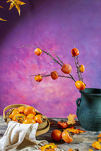 秋季水果柿子下午柿子室内静物摄影图配图