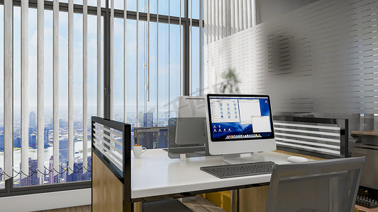 暖色调电脑壁纸摄影照片_办公室室内落地窗办公桌电脑摄影图配图
