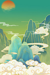 重阳节远山绿色古风背景图