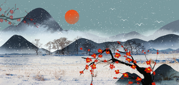 下雪背景图片_水墨山水国风水墨画