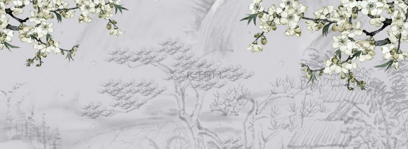 新中式墙背景图片_新中式手绘花鸟背景