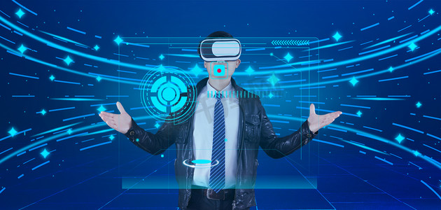 VR虚拟全屏科技体验白天VR商务人士科技办公办公摄影图配图