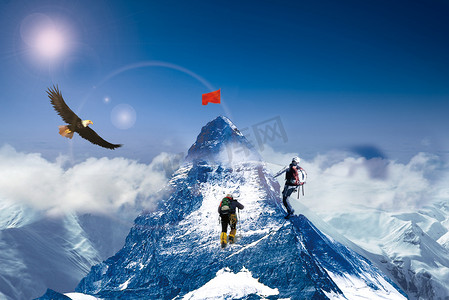 中国风海报宣传免抠素材摄影照片_企业文化励志能攀高峰白天攀登人雪山高峰攀登摄影图配图