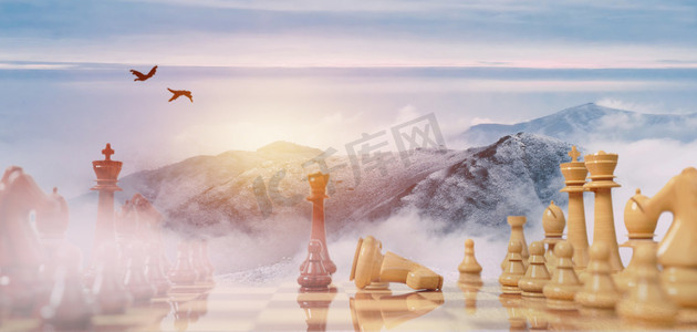 中国风新式摄影照片_企业文化宣传中国风风景白天国际象棋山川云海博弈摄影图配图