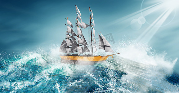 摄影照片_企业文化大海帆船白天帆船波涛汹涌的大海航行摄影图配图