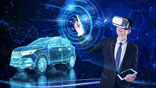 VR虚拟技术新能源汽车白天VR人像新能源汽车体检摄影图配图