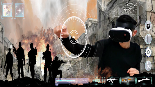 创意宇宙摄影照片_VR虚拟CS游戏场景白天VR人像CS游戏打游戏摄影图配图