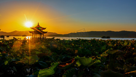 浙江杭州摄影照片_秋天旅游傍晚集贤亭景区内摇动摄影图配图