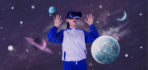学生体验VR太空科技人像摄影图科技人像