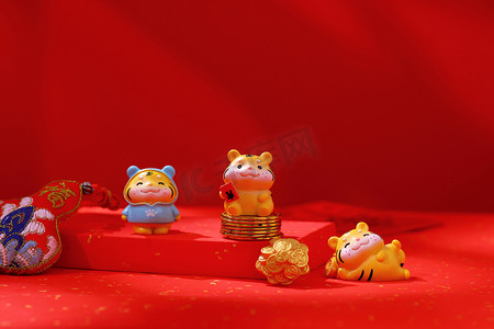 过年春节虎年老虎红色背景摄影图配图